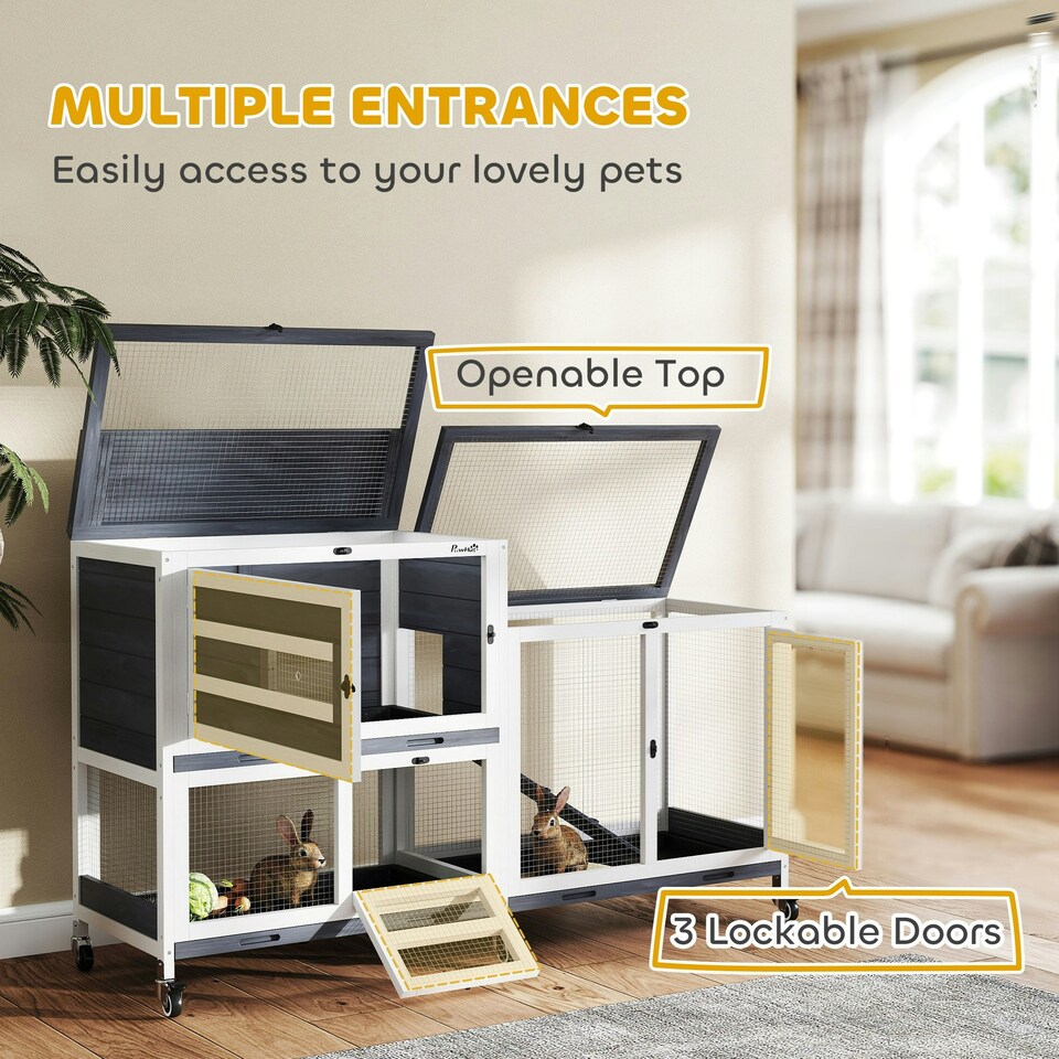 image 1 of PawHut Rabbit Hutch, 2-Tier Guinea Pig Hutch with Wheels & Trays, Grey