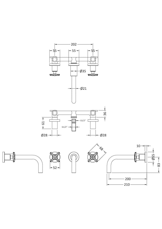 image 1 of Connect Wall Mount 3 TH Basin Mixer Tap, 2 Crosshead Handles - Chrome | Silver | Chrome | 1