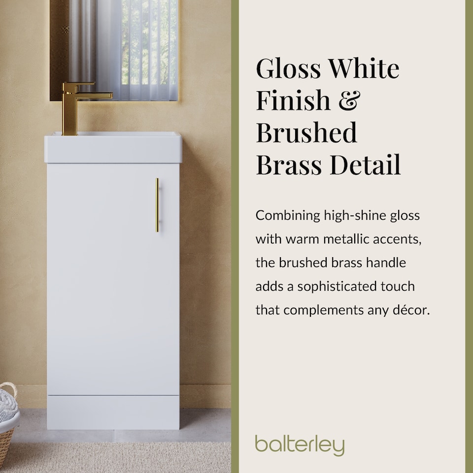 image 1 of Wall Hung Vanity Basin 400mm Gloss White & Brushed Brass Handle | White | Gloss White | 781 x 400 x 222mm
