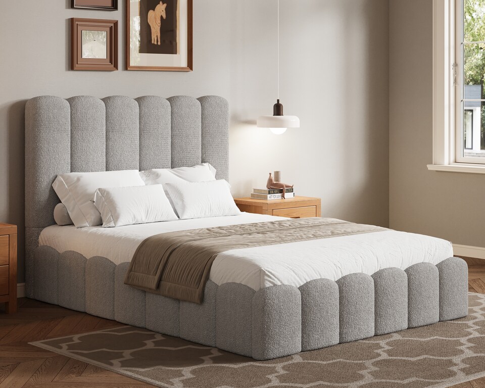 image 1 of Ezysleep Kingsley Boucle Soft Teddy Upholstered Gas Lift Ottoman Bed Frame | Grey | Silver