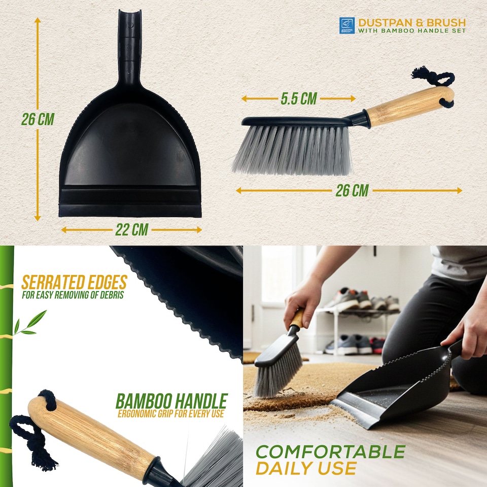 image 1 of Bamboo Handled Black Dustpan and Brush Set