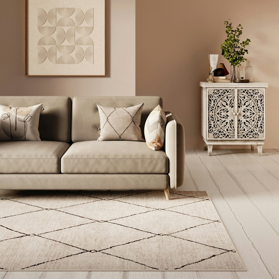 image 1 of Beige Contemporary Abstract Soft Chenille Washable Living Room Area Rug- 200x290cm Cream