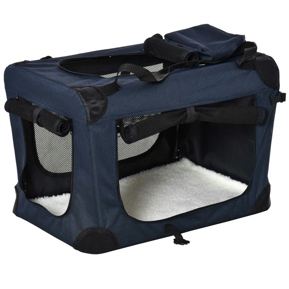 image 1 of PawHut Folding Pet Carrier Bag House W/ Cushion Storage, Dark Blue 70x51x50cm