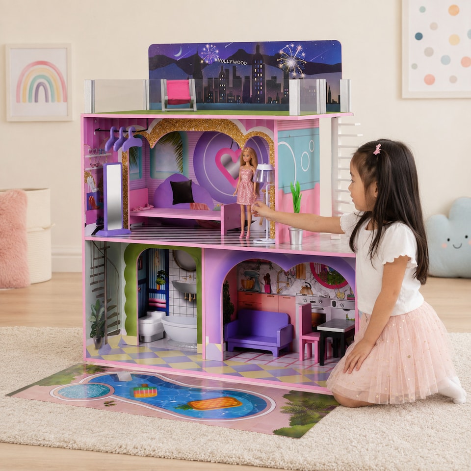 image 1 of Teamson Kids Wooden Dollhouse, 3 Levels and 16 Accessories, Dreamland Sunset