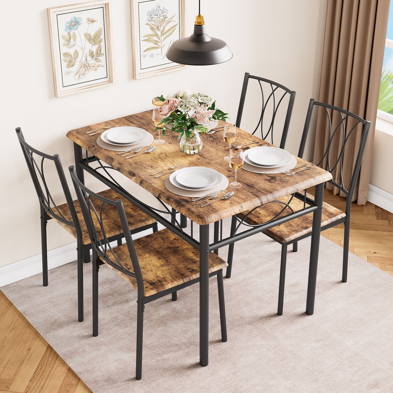 London Boutique Set of 5 Wooden Dining Table Set with 4 Chairs and 1 Rectangular Table Dining Kitchen Furniture