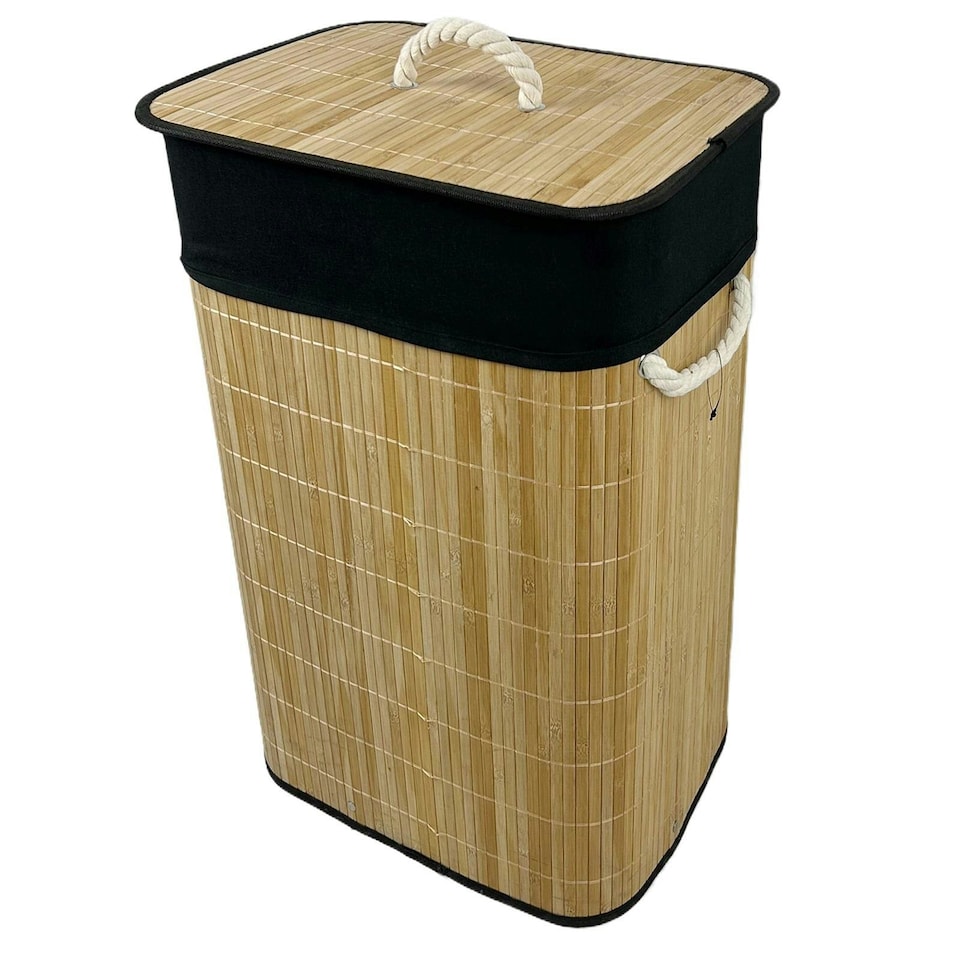 image 1 of Bamboo Laundry Basket with Lid Liner 72L Folding Washing Clothes Bin Hamper Bag Brown