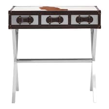 Interiors By Premier Brown & White Genuine Cowhide Console Table,Hallway Table With 3 Storage Drawers,Table With Leather Handles Brown