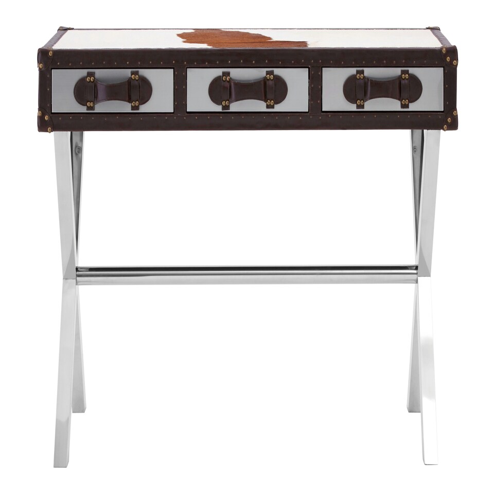image 1 of Interiors By Premier Brown & White Genuine Cowhide Console Table,Hallway Table With 3 Storage Drawers,Table With Leather Handles Brown