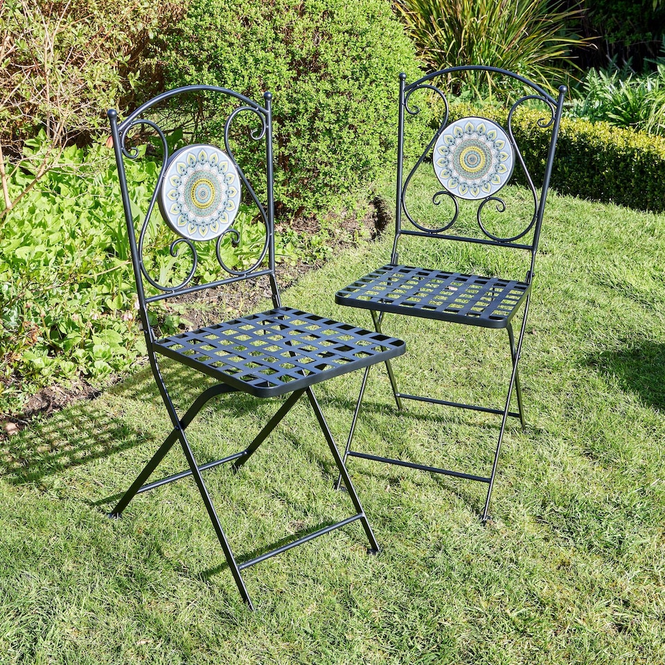 image 1 of Bistro Table Set Blue Floral Mosaic Design 2 Chairs Outdoor Garden Furniture