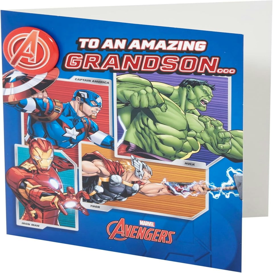 image 1 of Marvel The Avengers Hero Design Grandson Birthday Card with Badge
