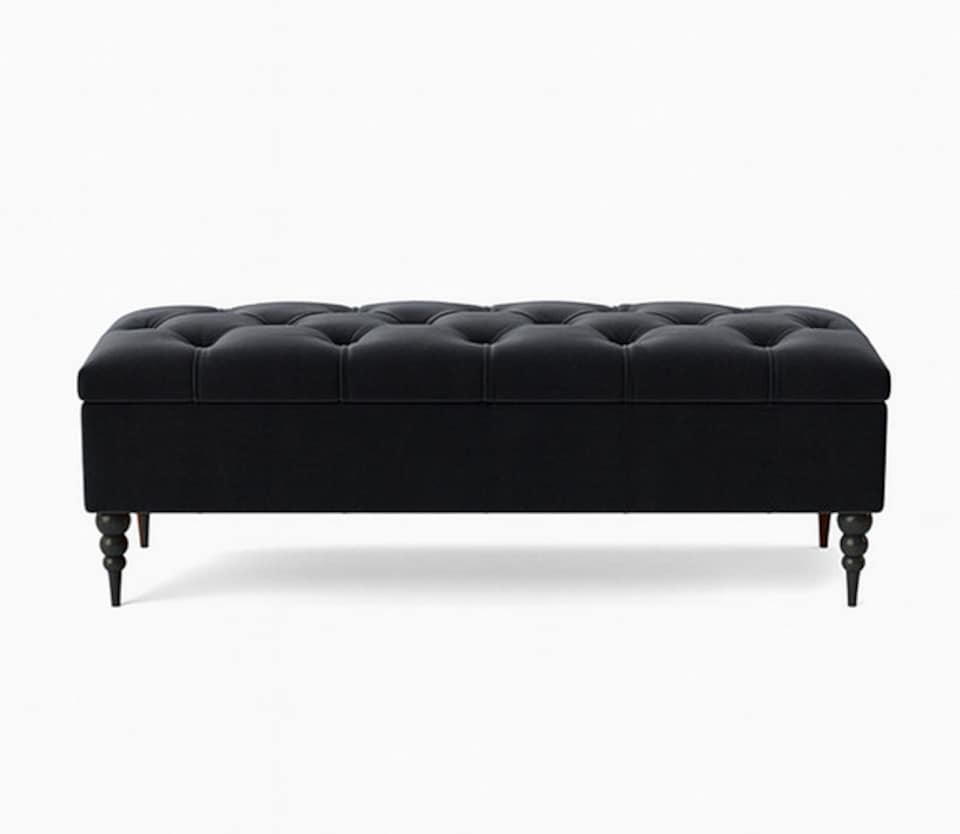 image 1 of 90cm Safar Ottoman bench with Storage and Turned Wooden Legs- Plush Velvet Shoes Bench - Black Chesterfield Storage Bench