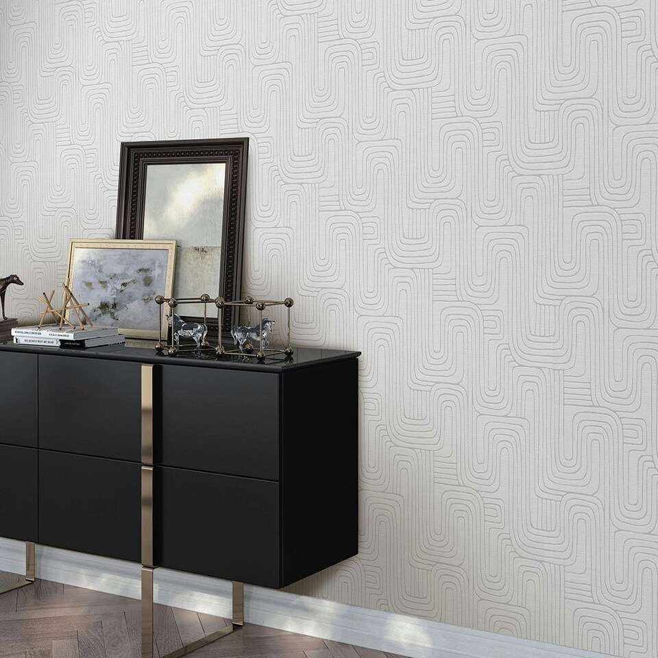 image 1 of Retro Curve Wallpaper in Light Grey with Silver Grey