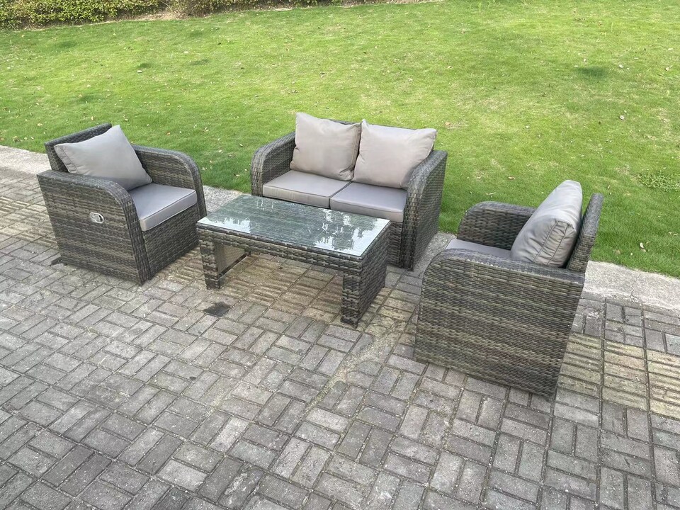 image 1 of Fimous Dark Grey PE Wicker Rattan Garden Furniture Set Love Sofa Reclining Chair Outdoor Rectangular Coffee Table 4 Seater