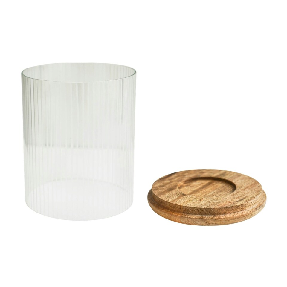 image 1 of Amelia Ribbed Glass Wooden Candle Holder Clear