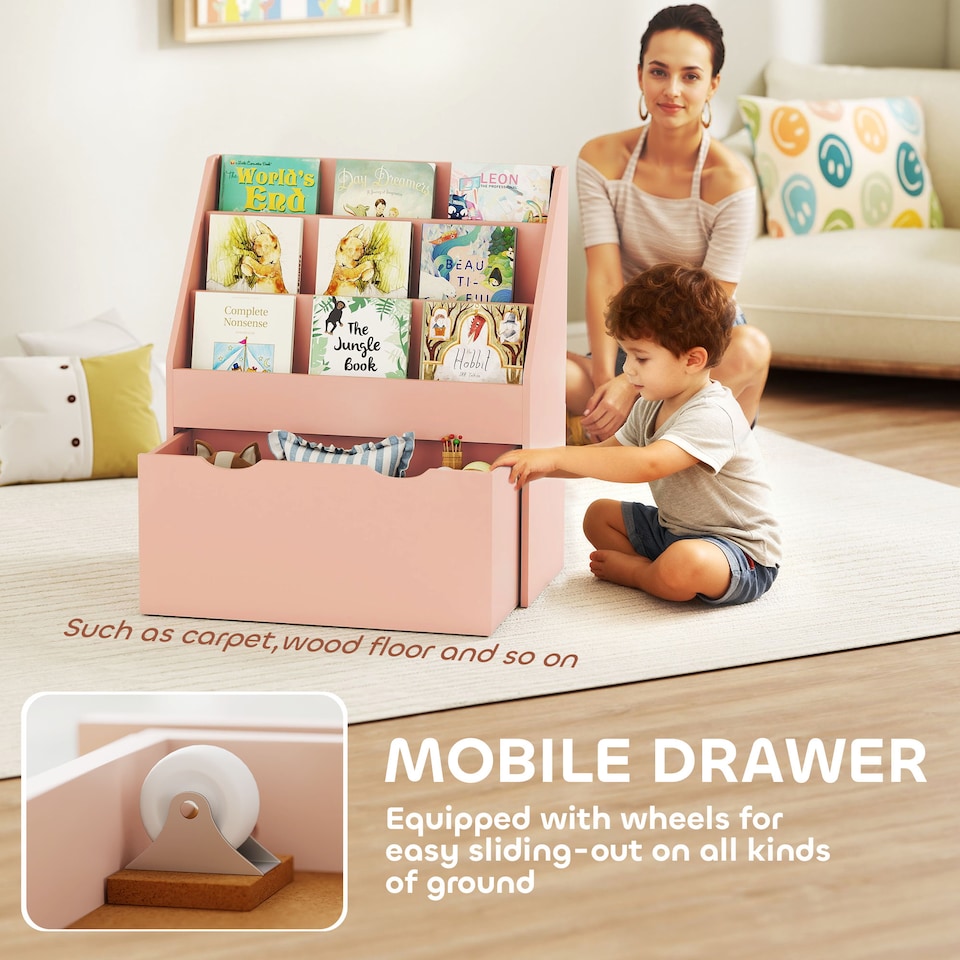 image 1 of AIYAPLAY Kids Bookcase w/ 3 Tier Shelves, Drawer, for Bedroom, Nursery, Pink
