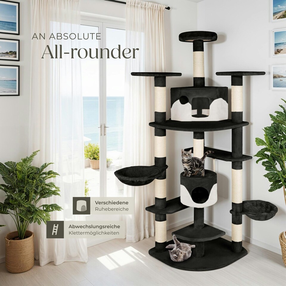 image 1 of Cat Tree Fippi - 201 cm tall, sisal cat scratching post, toy & anti-tip bracket - Black/White