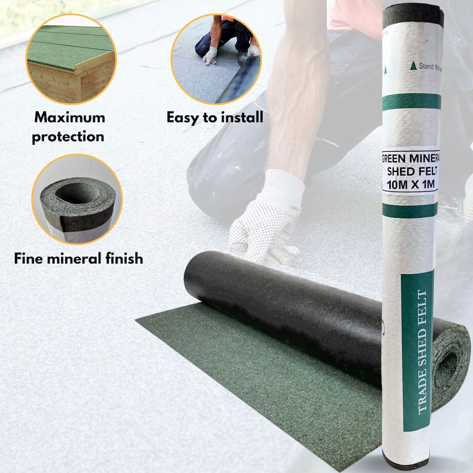 image 1 of NOVECRAFTO Standard Grade Shed Roof Felt – Heavy-Duty Mineral Roofing Felt for Sheds, Summerhouses & Kennels – Durable, Weatherproof Covering Green | 10m x 1m