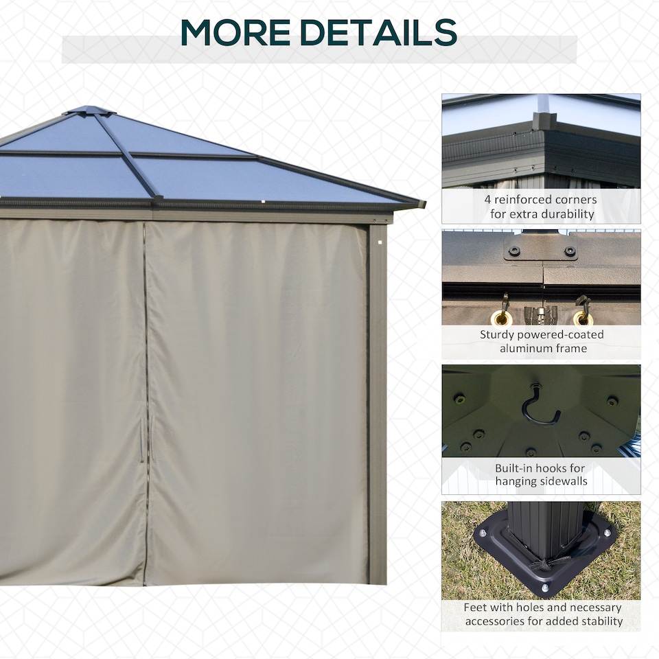 image 1 of Outsunny 3 x 3m Hardtop Gazebo Canopy with Polycarbonate Roof, Aluminium Frame, Permanent Pavilion Garden Gazebo with Netting and Curtains for Patio, Deck, Dark Grey
