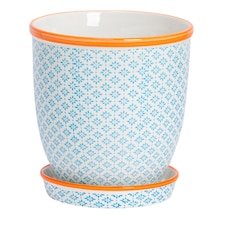 Nicola Spring Hand-Printed Plant Pot with Saucer - 20.5cm - Blue | Blue | Blue / Orange
