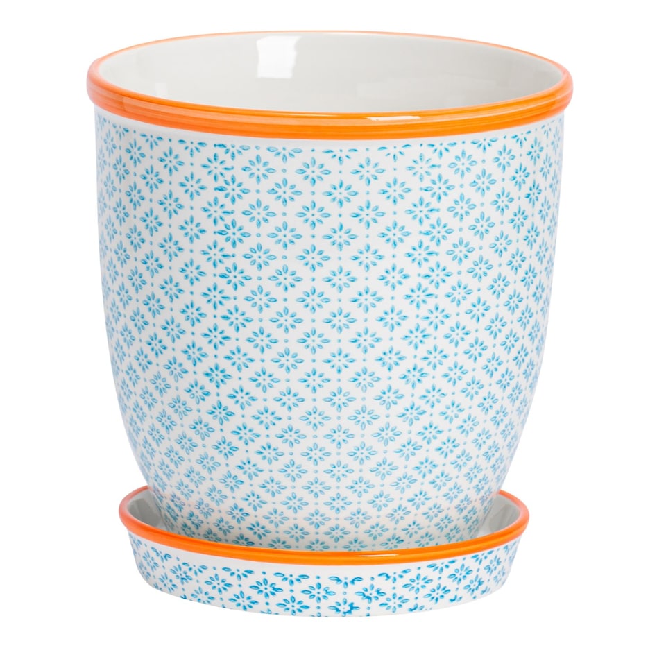 image 1 of Nicola Spring Hand-Printed Plant Pot with Saucer - 20.5cm - Blue | Blue | Blue / Orange