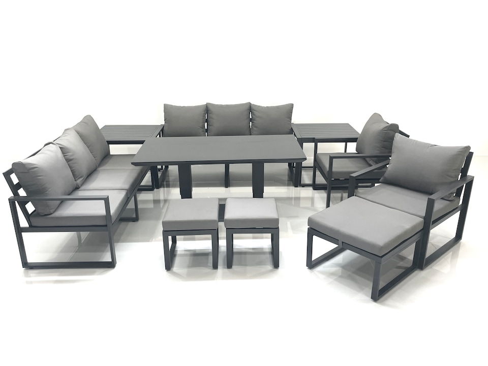 image 1 of Fimous Garden Sofa Set Aluminium Furniture Rising Dining Tabe Set with 2 Chair 3 Footstools 2 Side Tables Dark Grey