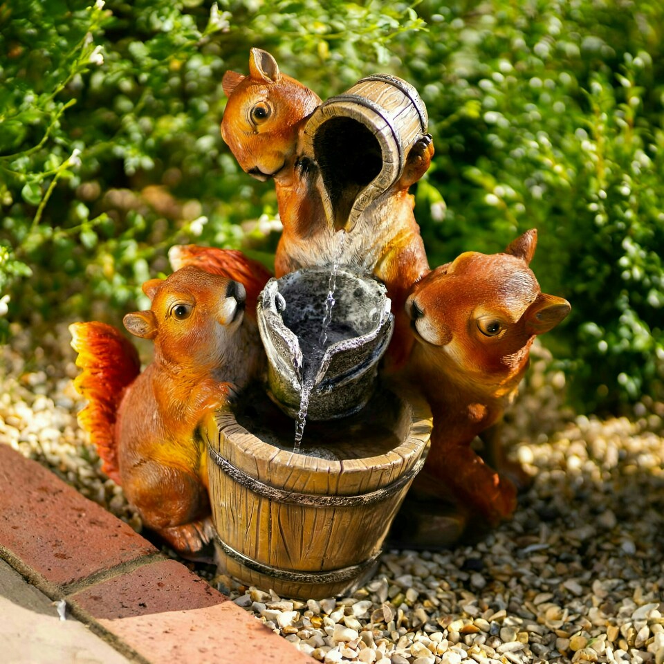 image 1 of Primrose Solar Squirrels Pouring Bowls Water Feature with Lights 39cm