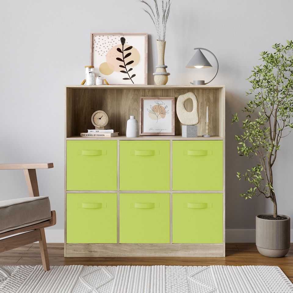 image 1 of Wide 7-Cube Bookcase With Drawers | Brown | Oak & Green | 1