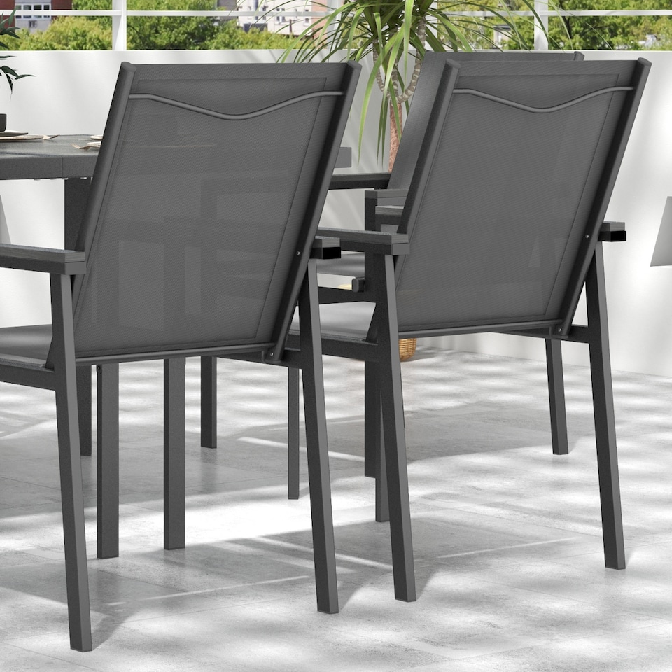 image 1 of Outsunny 7 Pieces Garden Dining Set with Glass Top Dining Table, Outdoor Patio Table and 6 Armchairs with Texteline Fabric Seats and Backrest, Wood-plastic Composite Armrests Top, Grey