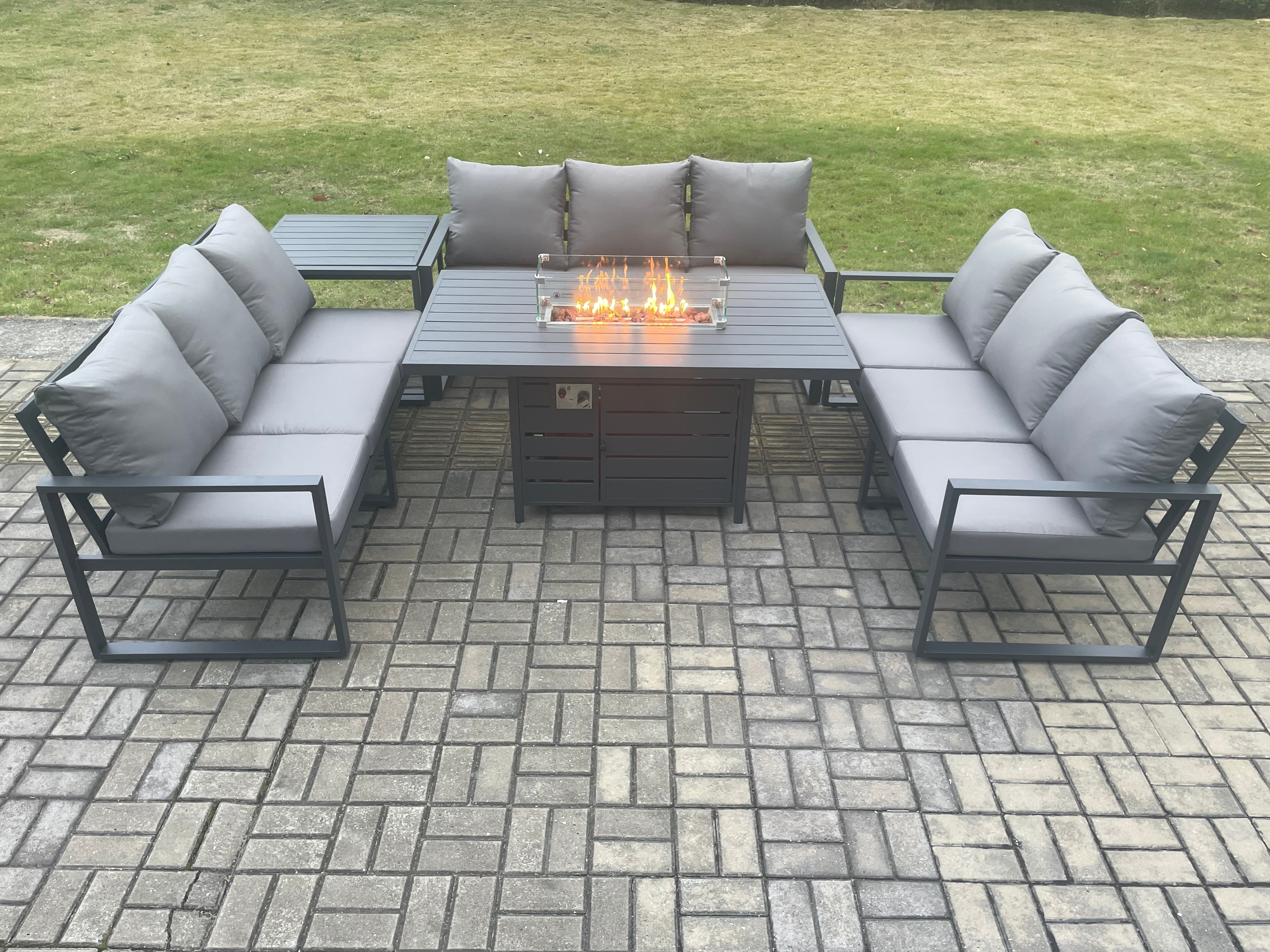 Fimous Aluminium 9 Seater Garden Furniture Outdoor Set Patio Lounge Sofa Gas Fire Pit Dining Table Set with Side Table Dark Grey