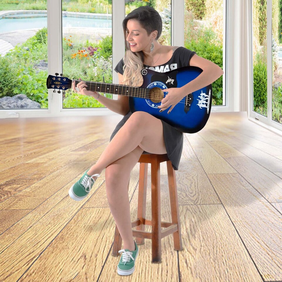 image 1 of Classic 6-String 4/4 Size 38 Inch Acoustic Guitar Pack for Boys and Girls Music Beginners Blue