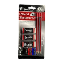 9 Piece Pencil, Eraser And Sharpener Set