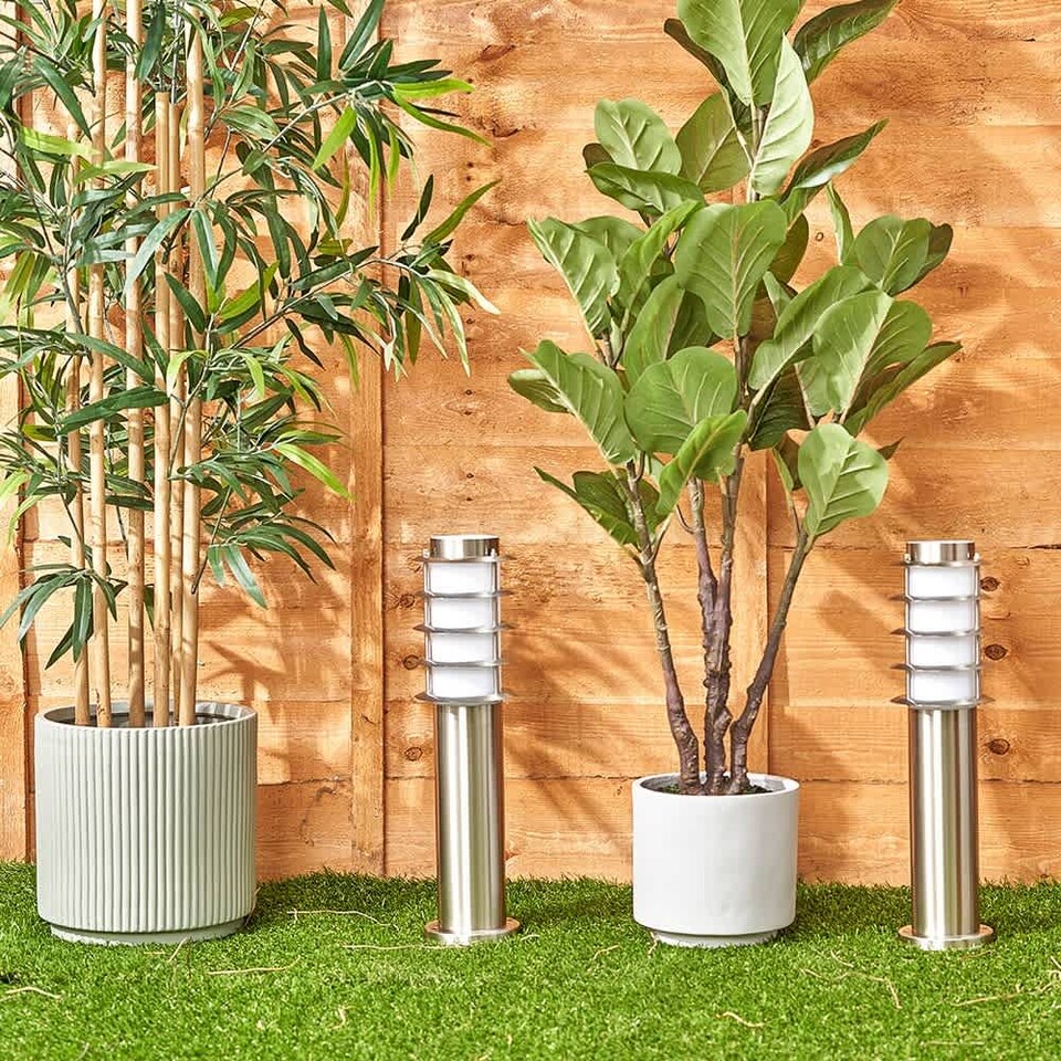 image 1 of ValueLights Wharf Pair Silver Outdoor Bollard Lights and Warm White Bulb