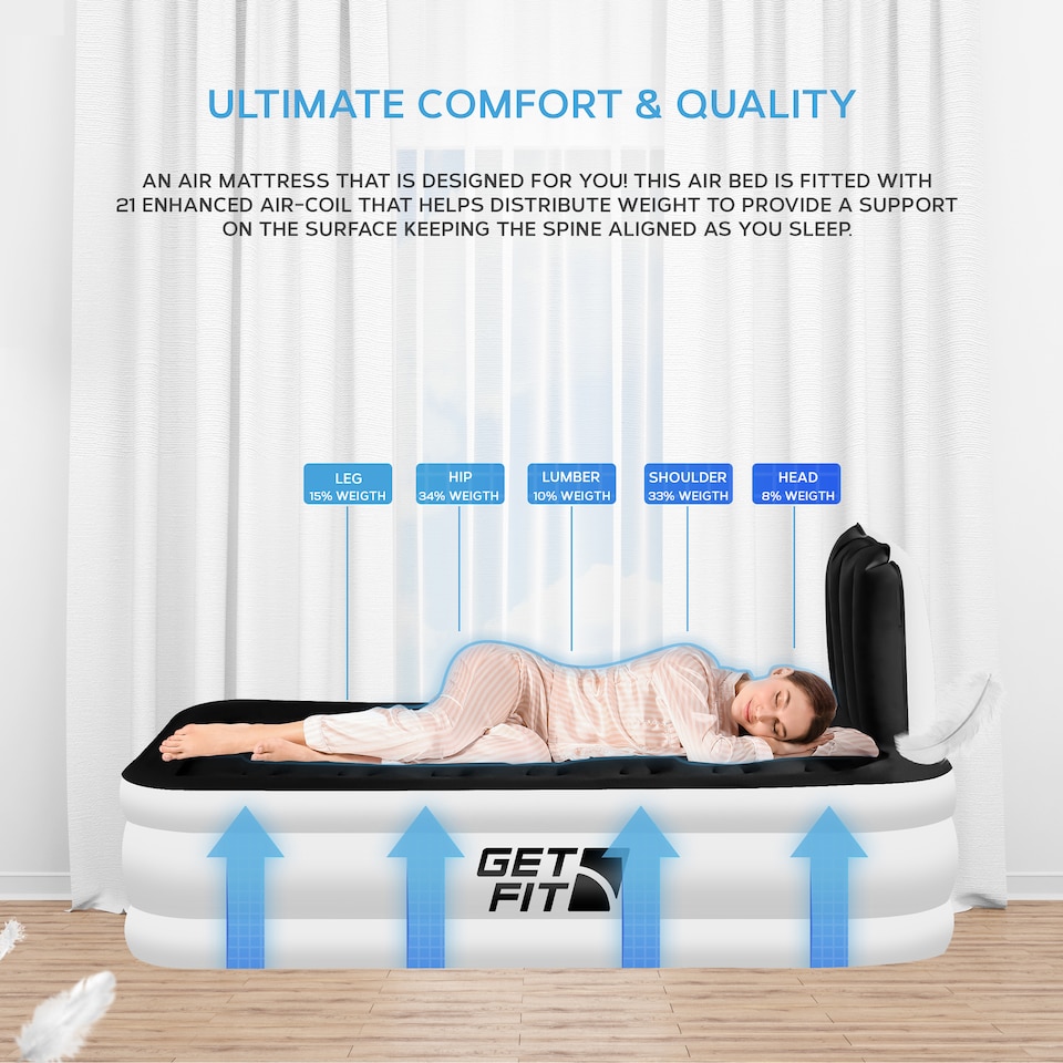 image 1 of Get Fit Air Bed With Built In Electric Pump - Premium Single Airbed - Quick Blow Up Bed With Headboard & Free Inflatable Pillow | White | White / Black | 1