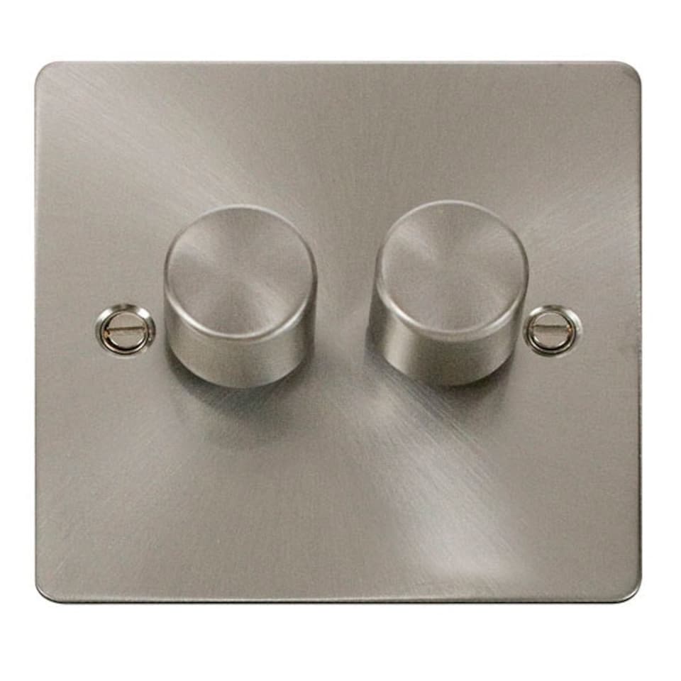 SE HOME Flat Plate Satin / Brushed Chrome 2 Gang 2 Way LED 100W Trailing Edge Dimmer Light Switch - SE Home Black | Satin Chrome