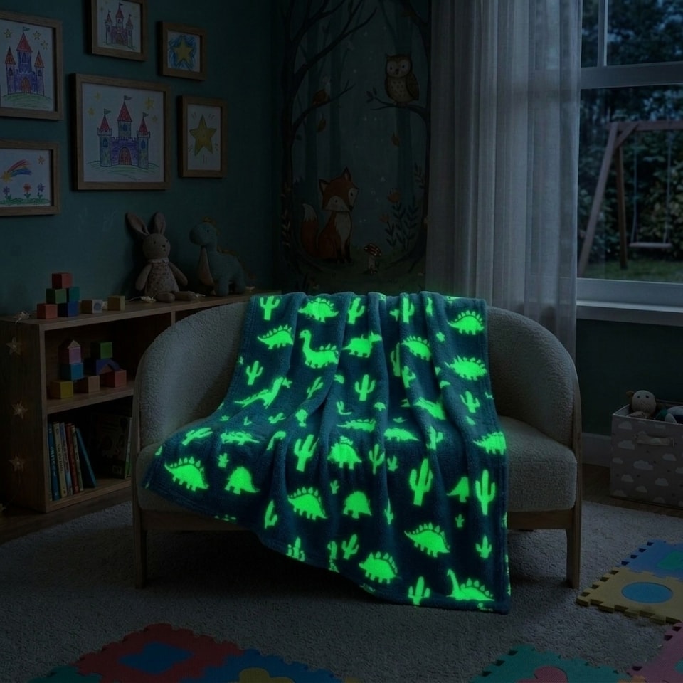 image 1 of Glow in the Dark Dinosaur Blanket Kids Dinosaur Soft Fleece Throw 100x150cm | Multi