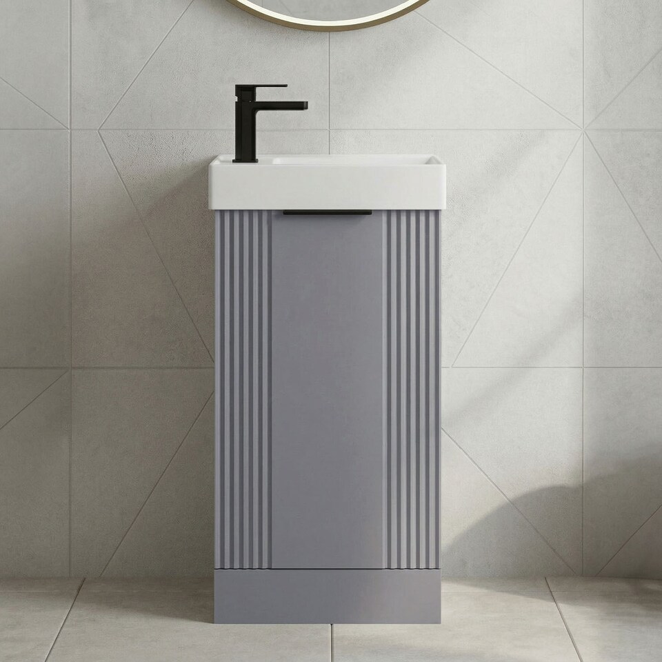 image 1 of Balterley Floor Standing Cloakroom Vanity Basin Unit with Handle Compact Bathroom Storage | Grey | Satin Grey | 781 x 400 x 222mm | 1
