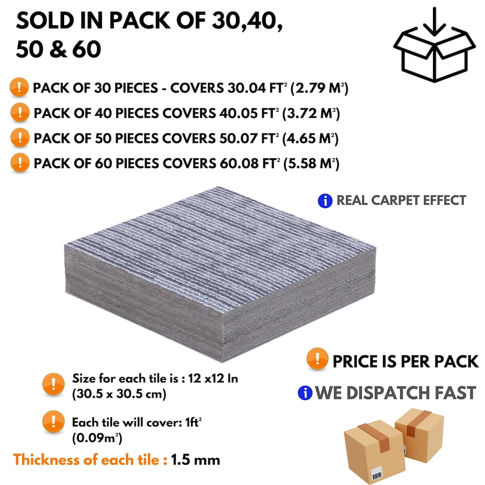 image 1 of NOVECRAFTO Peel & Stick Floor Tiles – Grey Carpet Effect, 12x12in (30.5x30.5cm), Self Adhesive, Durable, Easy Clean, Carpet Imitation Style Grey | 2.79 sqm