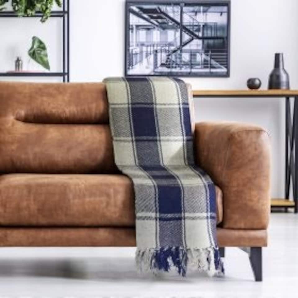 image 1 of Comfy Check Collection Recycled Cotton Throw in Navy (70" x 100") Blue | Blue