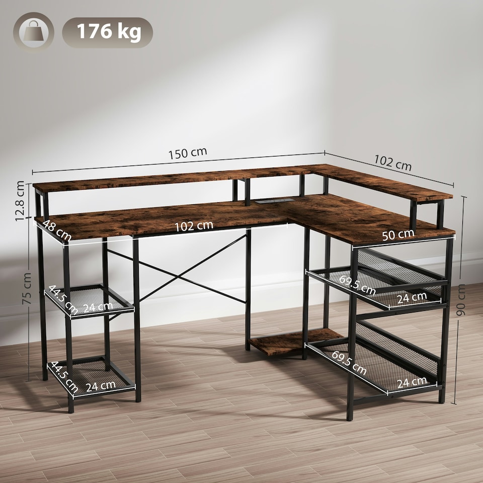 image 1 of HOMCOM L Shaped Gaming Desk w/ LED Lights and Power Outlets for Small Space
