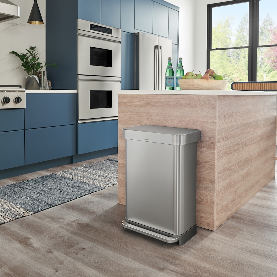 image 1 of Simplehuman 45L Rectangular Kitchen Pedal Bin with Liner Pocket, Brushed Stainless Steel with Grey Plastic Lid