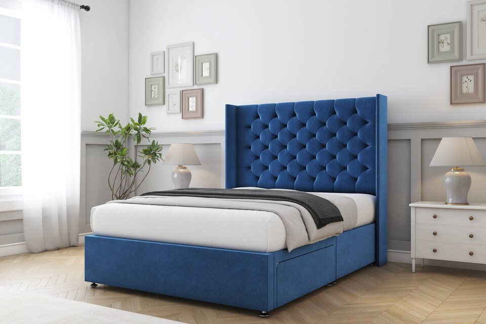 image 1 of Sloomy Dior Navy Plush Divan Bed With Mattress No Drawers With 54" Wingback Headboard 3' Single | Blue | Navy | Single | 1