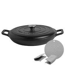 Argon Tableware 2.3L Shallow Cast Iron Casserole Dish with Self-Basting Lid - 2.43QT Dutch Oven Roasting Dish | Black | Matt Black | 1
