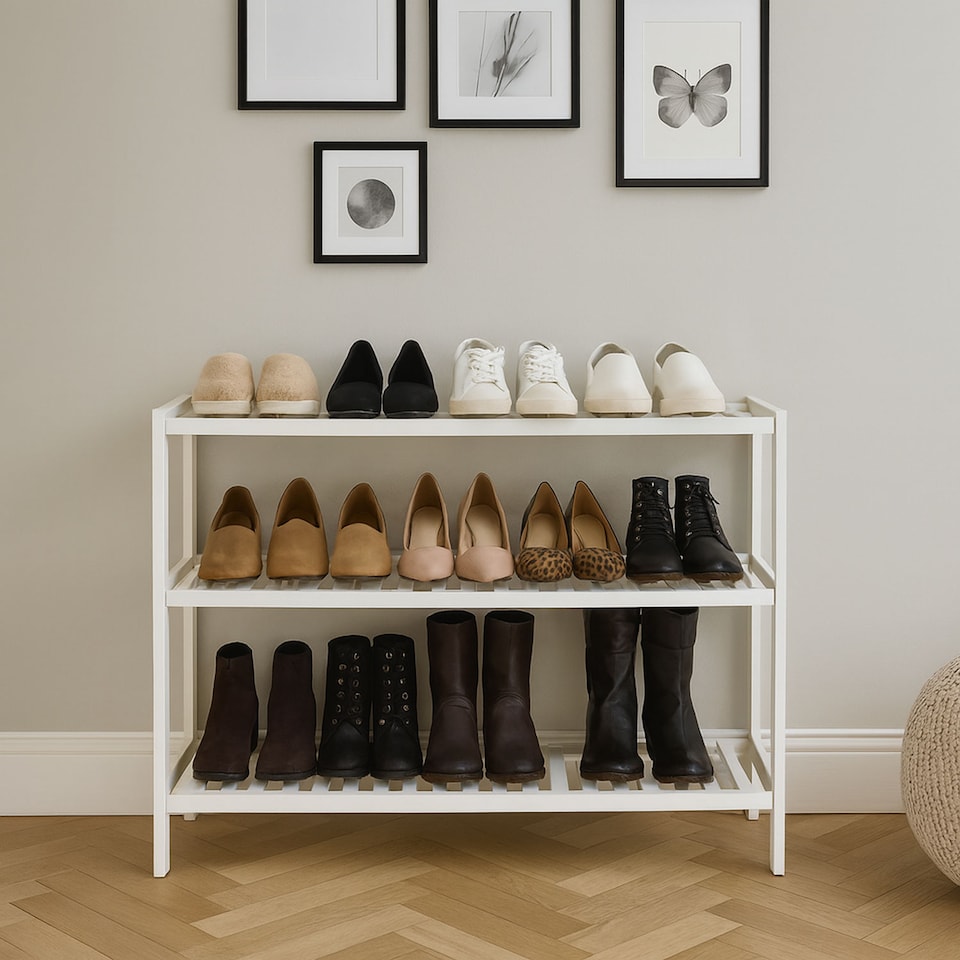 image 1 of Neo White 3-Tier Bamboo Shoe Rack Stand Natural Wooden Shoe Storage Shelf for Hallway Bedroom Bathroom | White | White