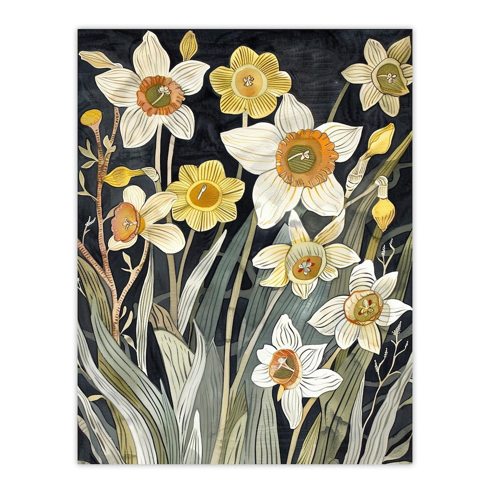 image 1 of Dark Daffodils Bloom Spring Floral Living Room Black Framed Wall Art Print A4