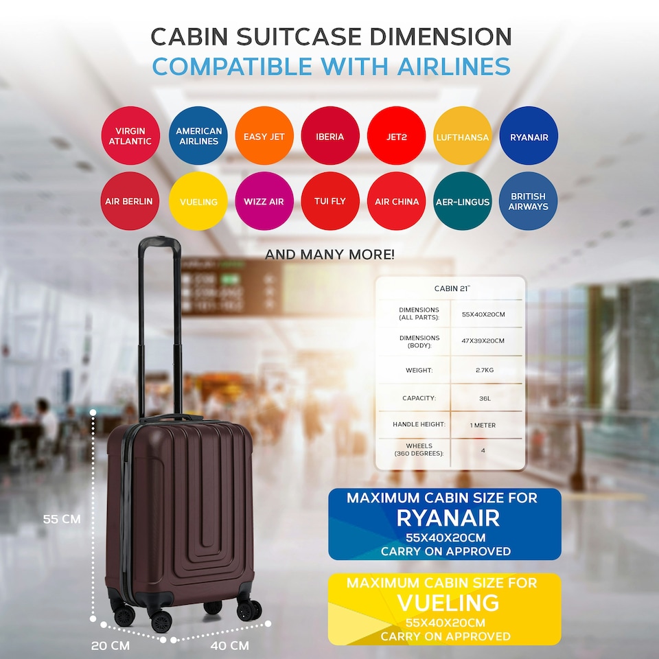 image 1 of Flight Knight Premium Hard Shell Lightweight Cabin Suitcase - 8 Wheels - TSA Lock & USB Port - 100 Airlines Approved Including Ryanair Priority - 55x40x20cm Purple | Burgundy | Cabin Bag