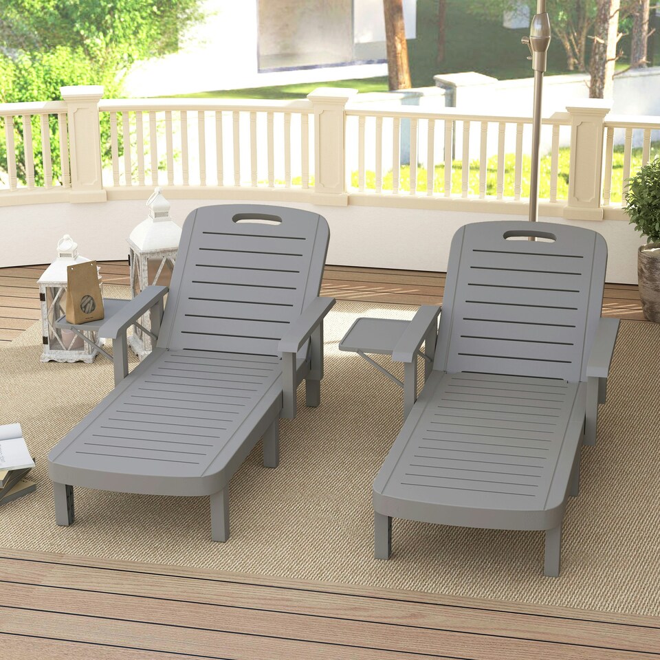 image 1 of Outsunny Set of 2 Resin Reclining Sun Loungers for Garden, Dark Grey