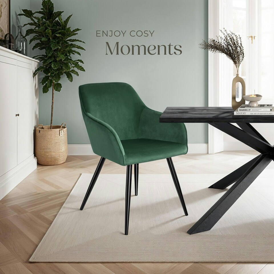 image 1 of Dining Chair Marilyn - with armrests, padded, velvet look, black steel legs - per piece Green | Dark Green/Black