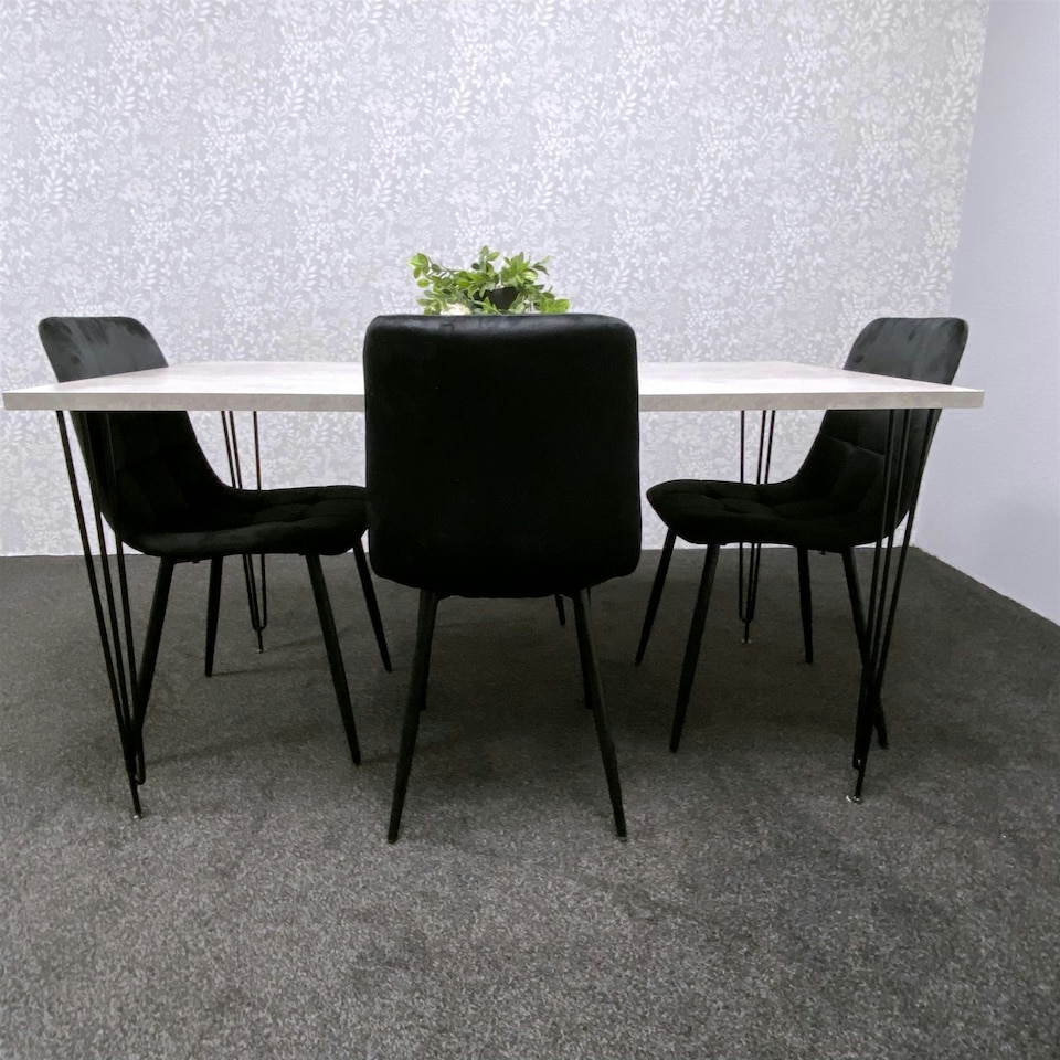 image 1 of Grey Dining Table with Hairpin Legs & 4 Black Velvet Chairs Set for Kitchen & Dining Room Grey
