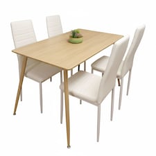 Wooden Dining TableSet with 4 white Faux Leather Chairs Dining Room Furniture