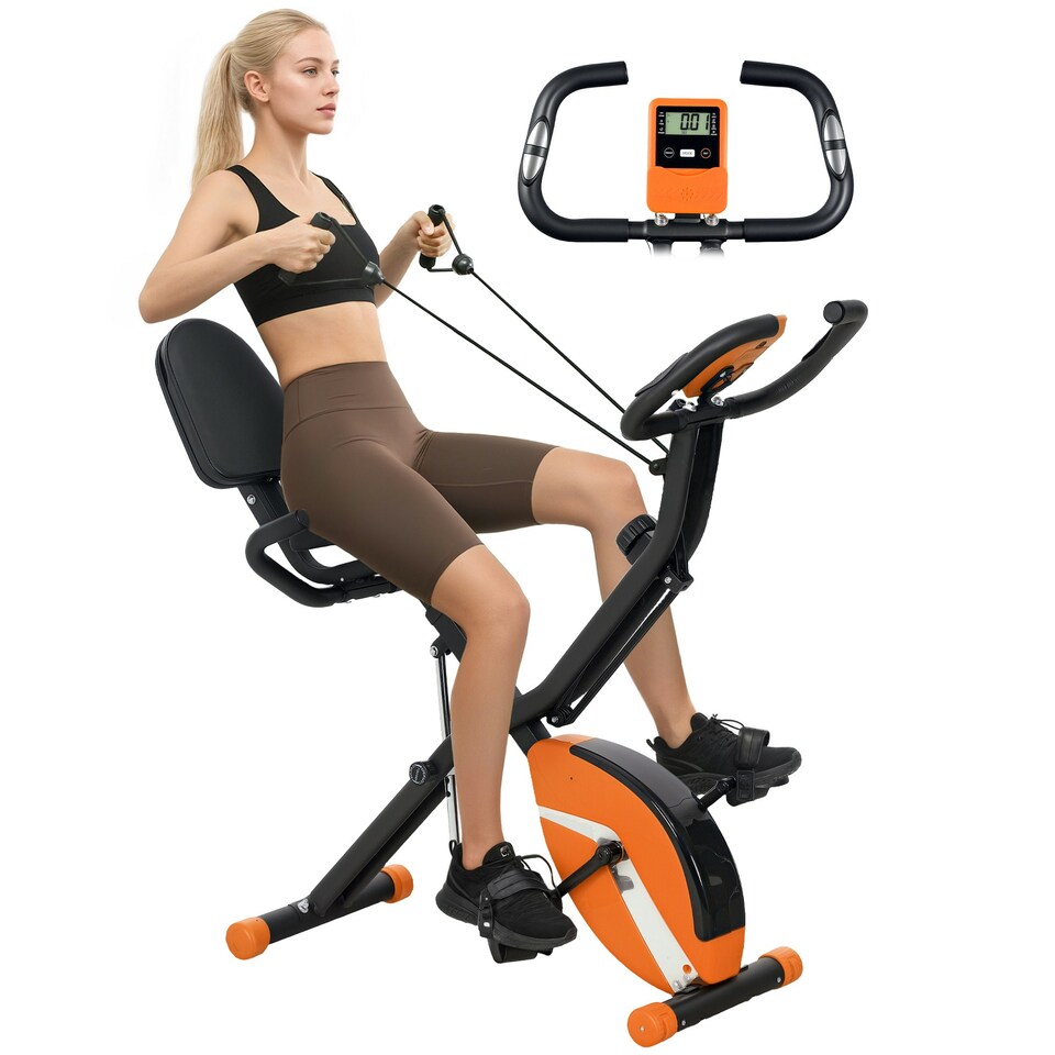 image 1 of SPORTNOW Folding Exercise Bike with Arm Bands and Hand Pulse Sensor, Orange